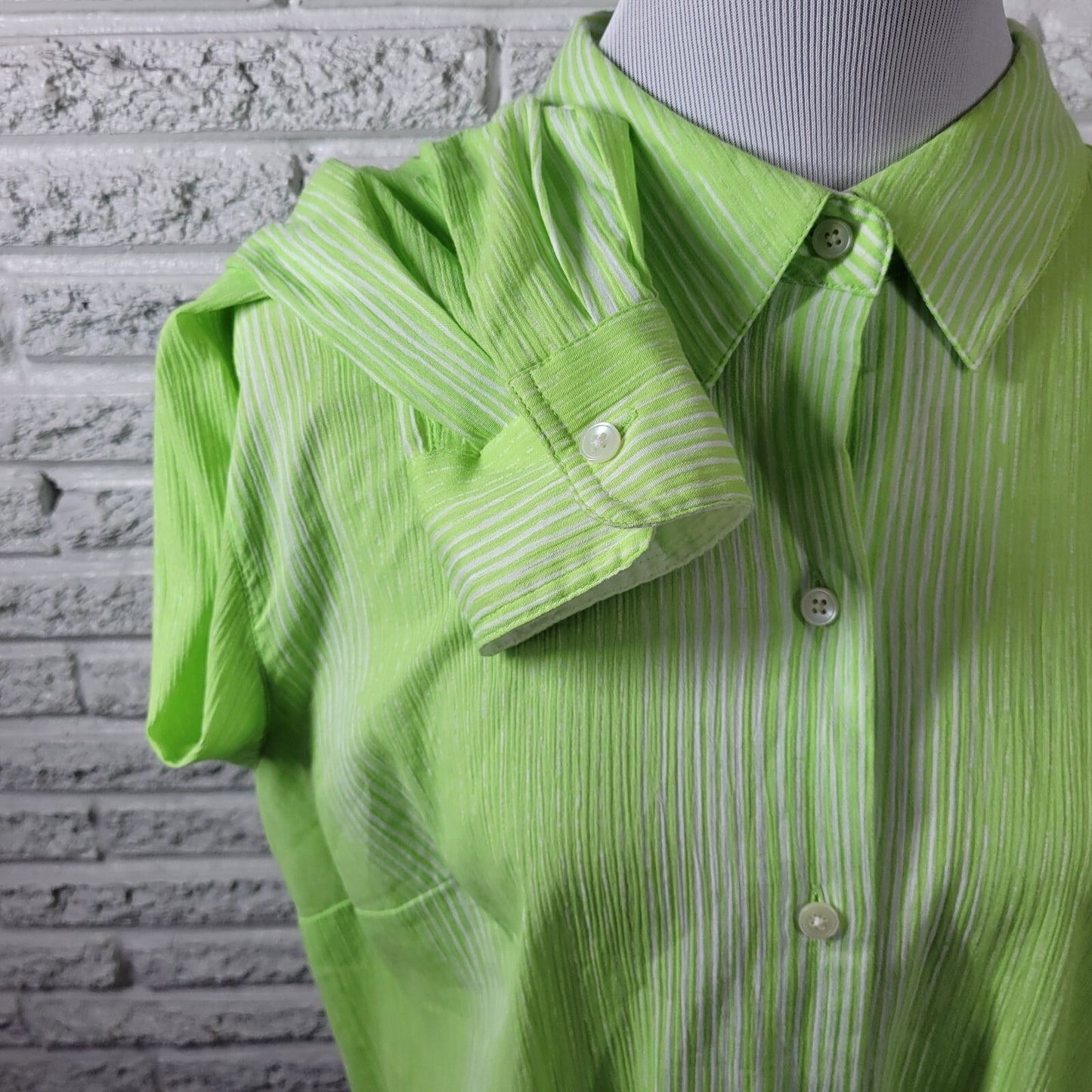 Talbots Womens Top 1X Plus Long Sleeve Lime Green Stripe Cotton Lightweight