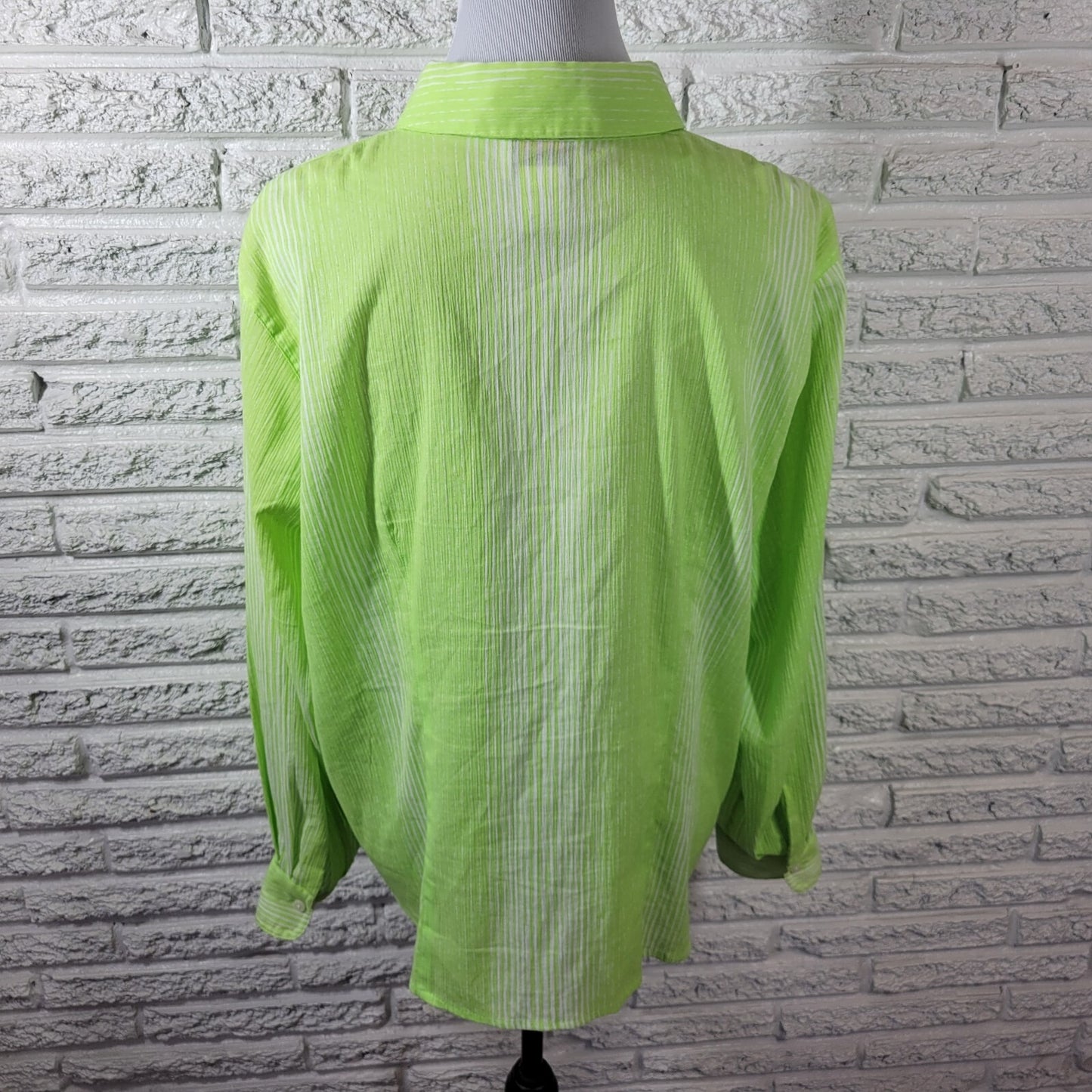 Talbots Womens Top 1X Plus Long Sleeve Lime Green Stripe Cotton Lightweight