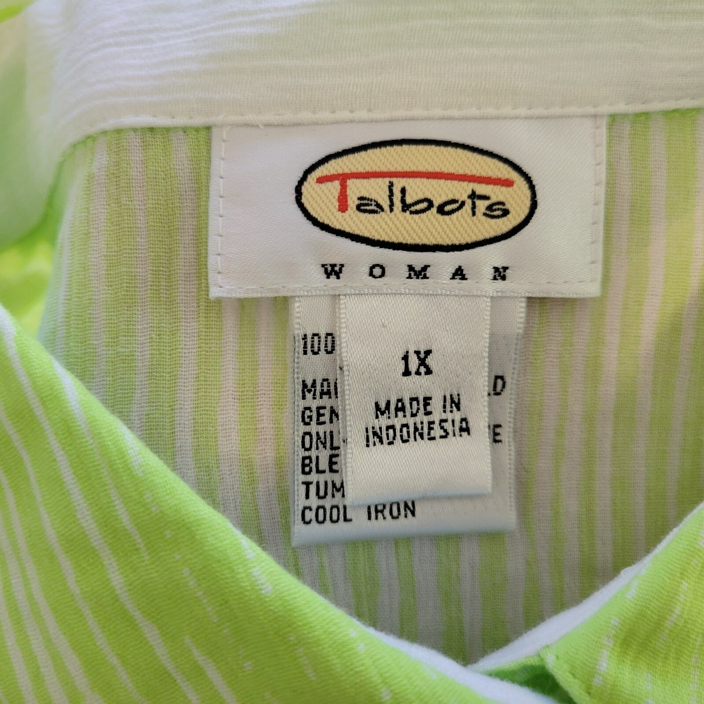 Talbots Womens Top 1X Plus Long Sleeve Lime Green Stripe Cotton Lightweight
