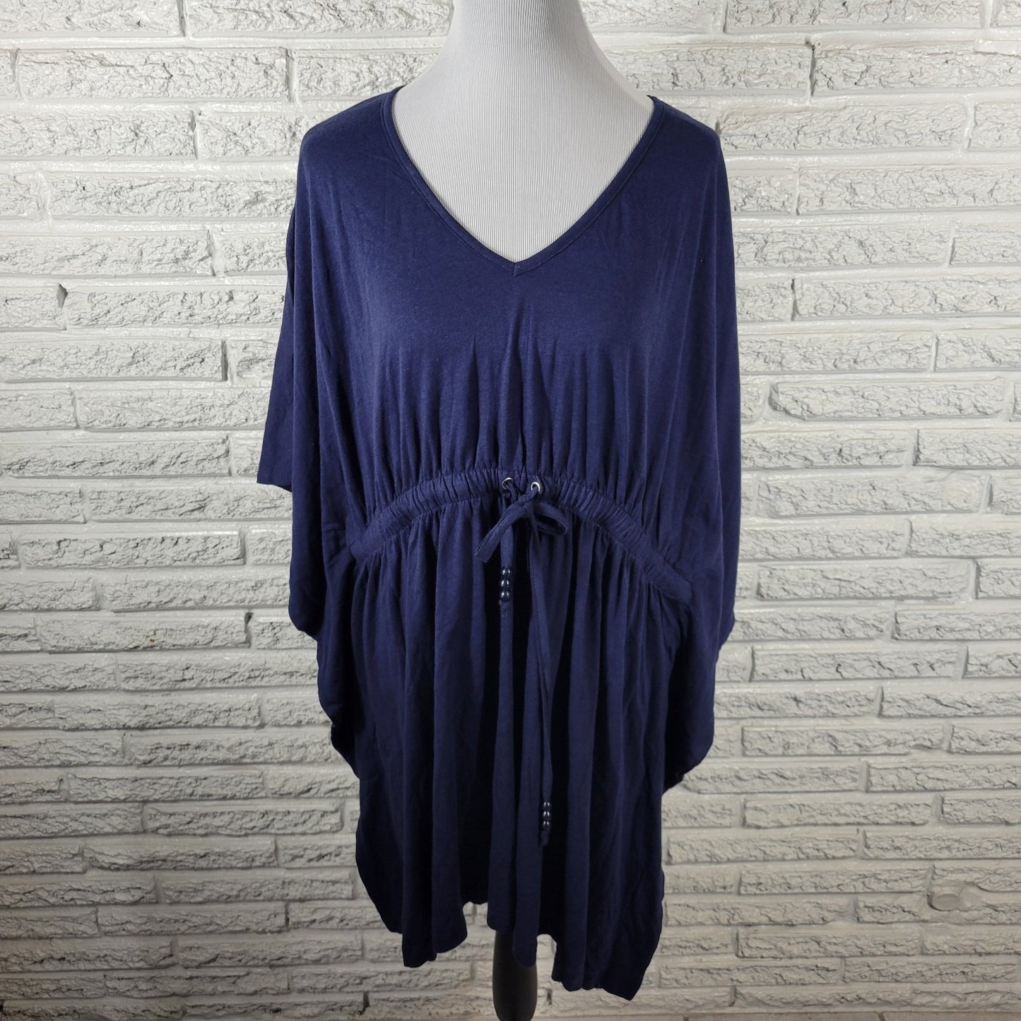 Swim 365 Womens Coverup 1X Plus Batwing Kimono Sleeve Blue Drawstring Comfy