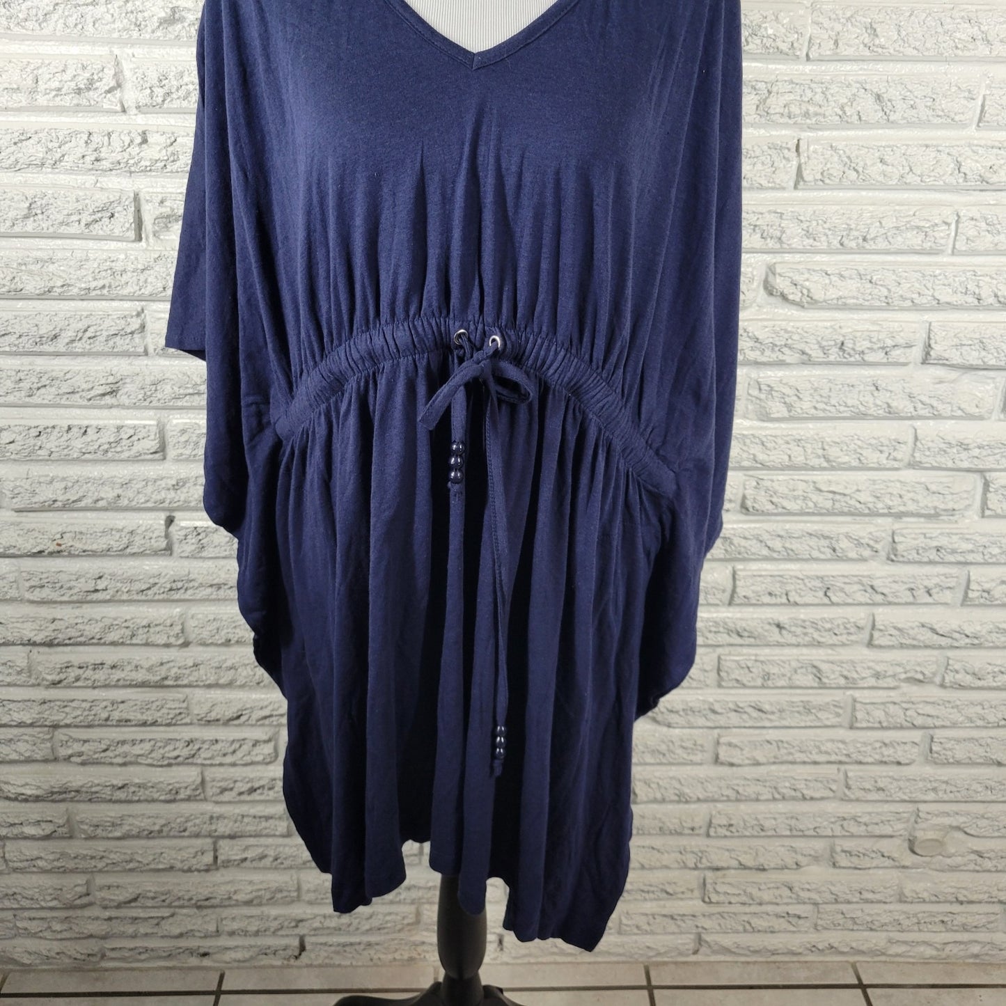 Swim 365 Womens Coverup 1X Plus Batwing Kimono Sleeve Blue Drawstring Comfy