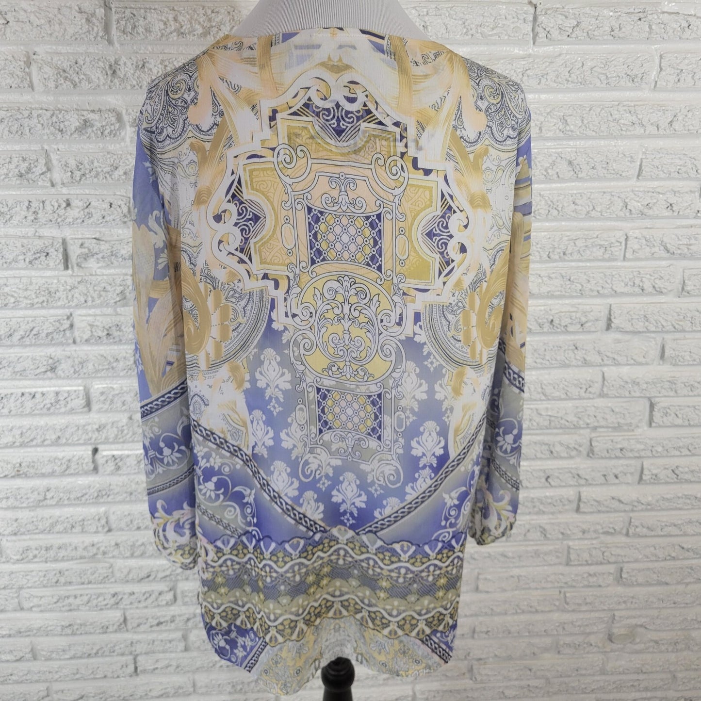 JM Collection Womens Top XL Tunic Split 3/4 Sleeve Blue Geometric Studded Lined