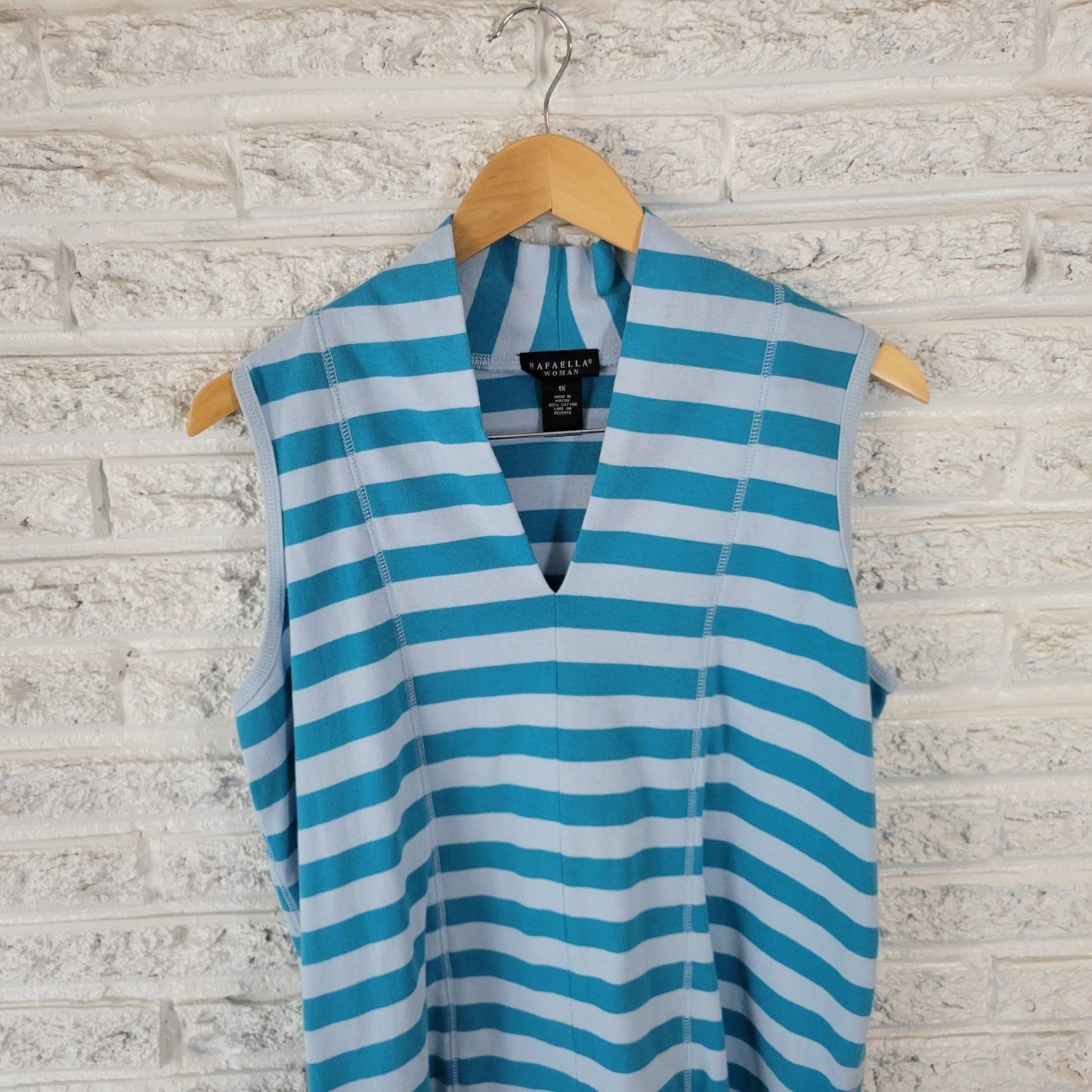 Rafaella Women Top 1X Plus Sleeveless Knit Blue White Stripe Cotton Comfy Casual
