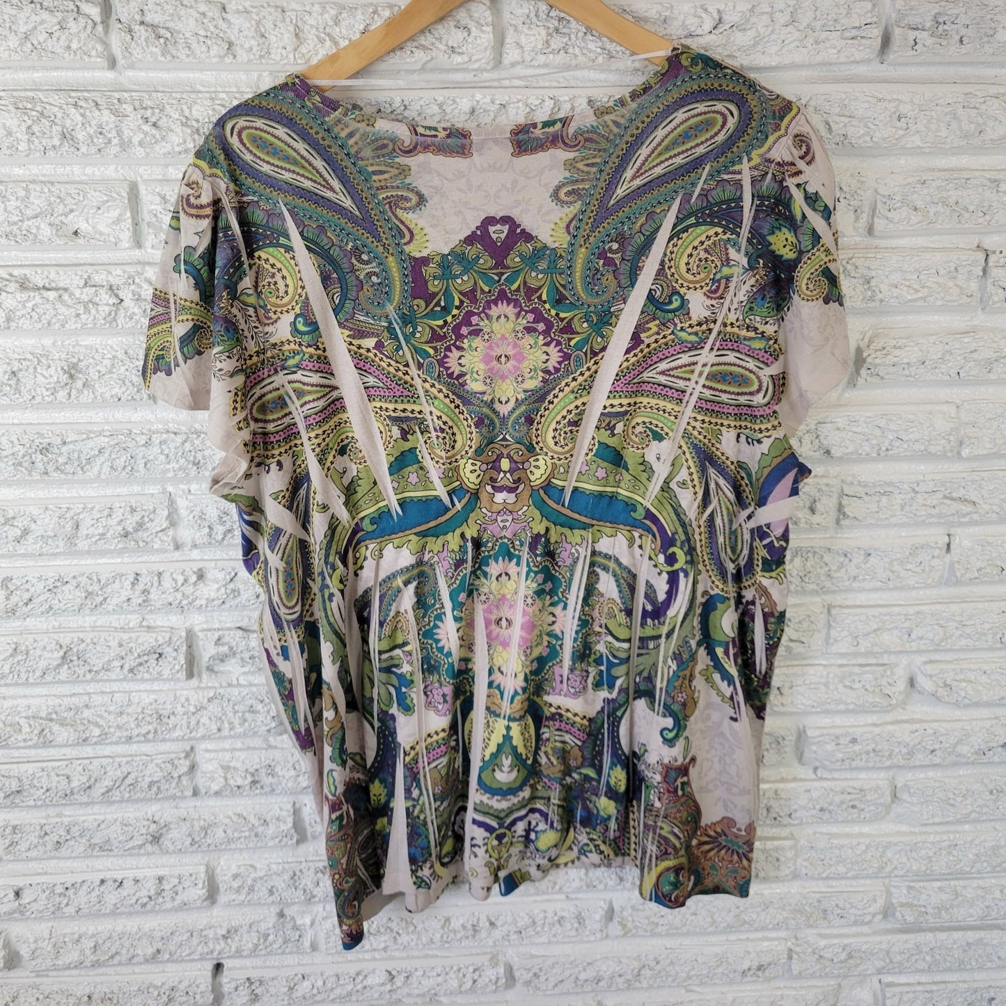 Live Let Live Womens Top 3X Plus Cap Sleeve Green Paisley Lace Trim Laser Cut