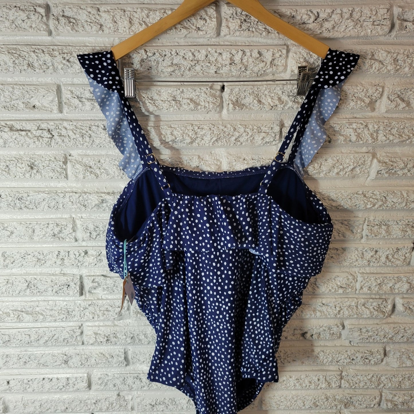Kona Sol Womens Swimsuit 20 Plus Ruffle Strap Blue White Polka Dot Lined Bra