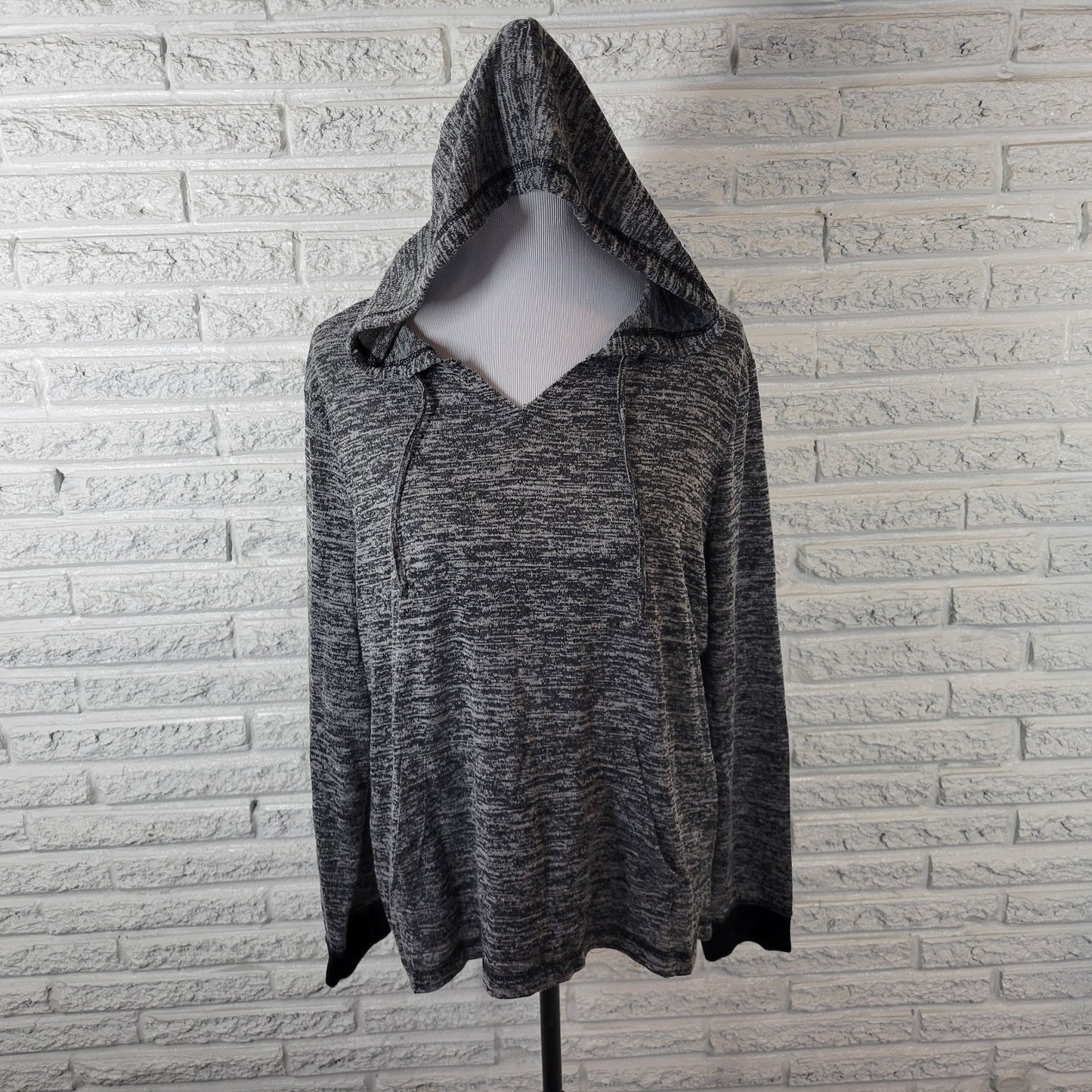 Feathers Womens Top 2X Plus Knit Hoodie Long Sleeve Lightweight Black Heather