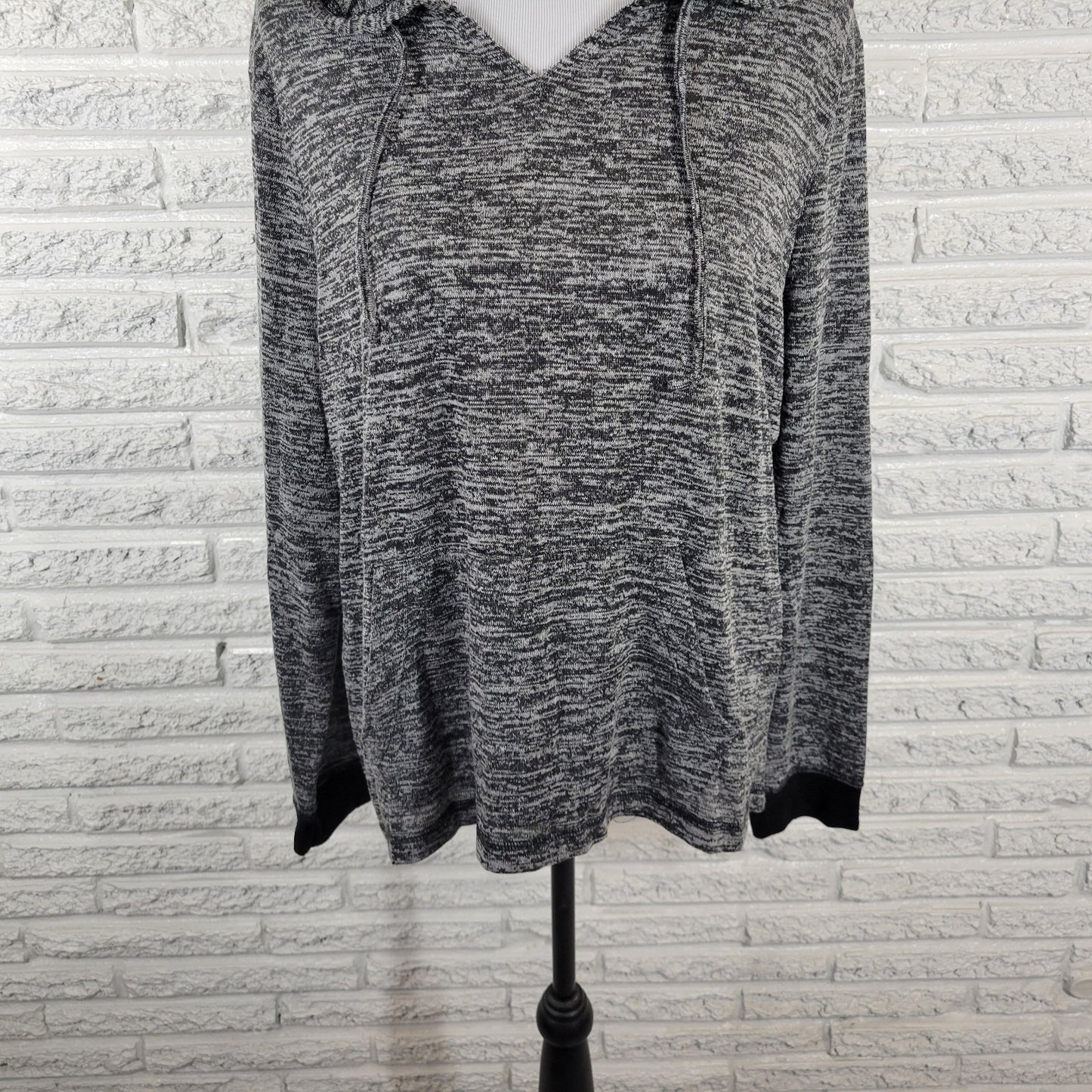 Feathers Womens Top 2X Plus Knit Hoodie Long Sleeve Lightweight Black Heather