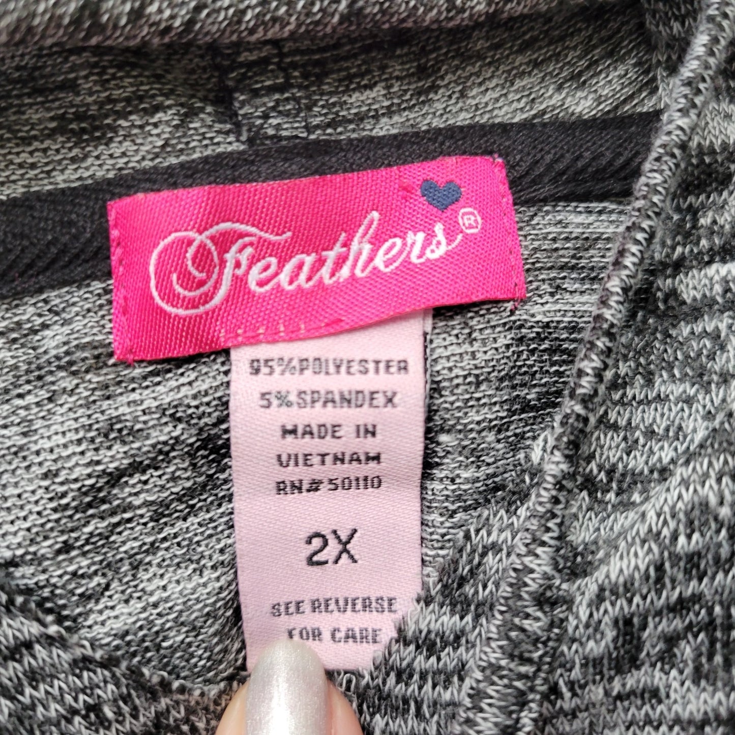 Feathers Womens Top 2X Plus Knit Hoodie Long Sleeve Lightweight Black Heather