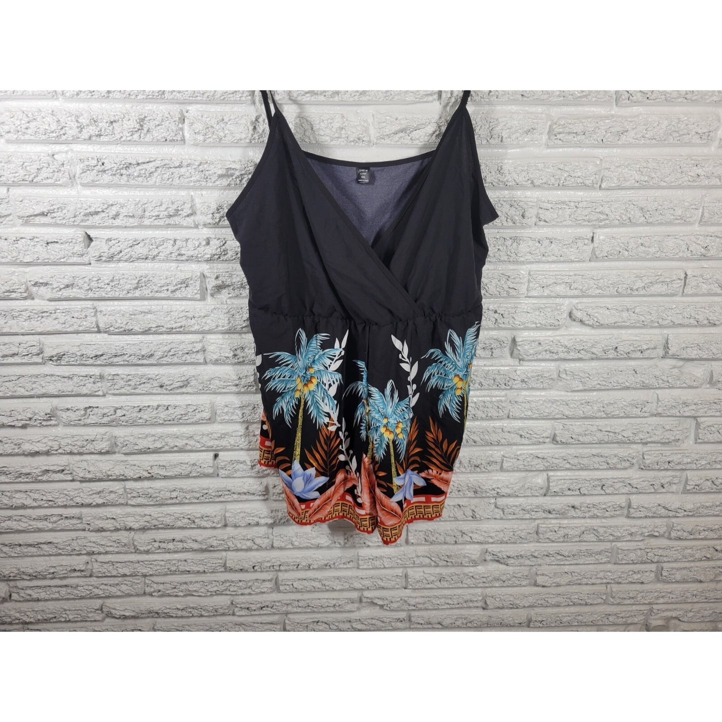 Shein Curve Women Top 4XL Plus Camisole Blue Tropical Adjustable Spaghetti Strap