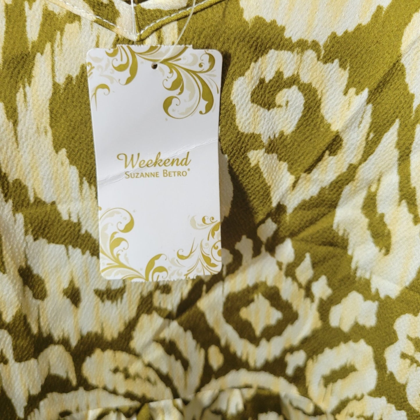 Suzanne Betro Women's 1XL Gold Abstract Party Print V-Neck Puff Sleeve Blouse