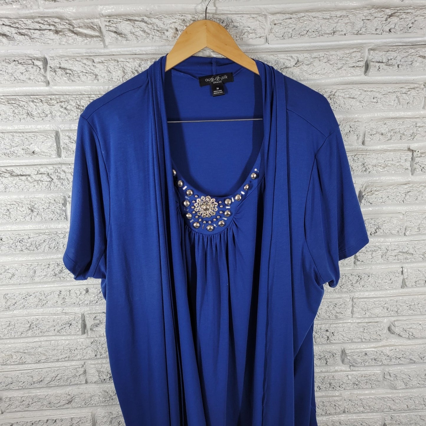 August Silk Womens Top 3X Plus Tunic Short Sleeve Blue Studded Poly Blend Comfy