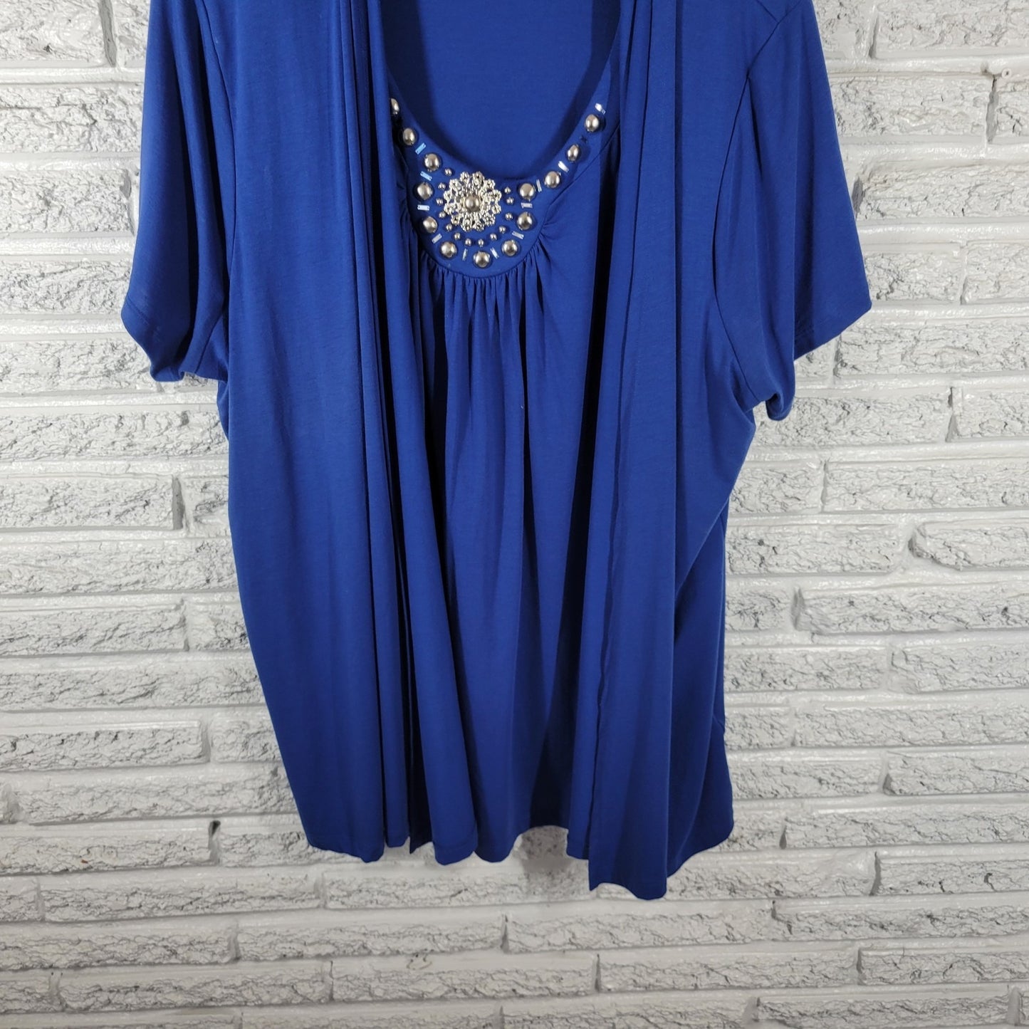 August Silk Womens Top 3X Plus Tunic Short Sleeve Blue Studded Poly Blend Comfy