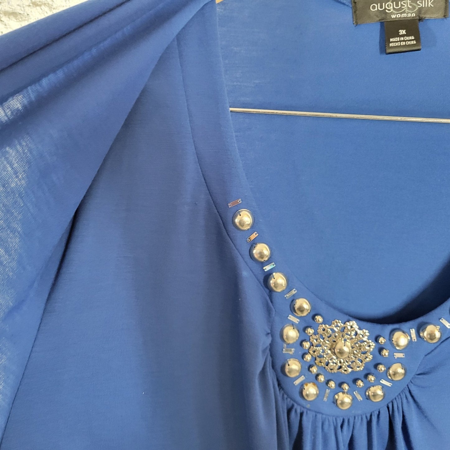 August Silk Womens Top 3X Plus Tunic Short Sleeve Blue Studded Poly Blend Comfy