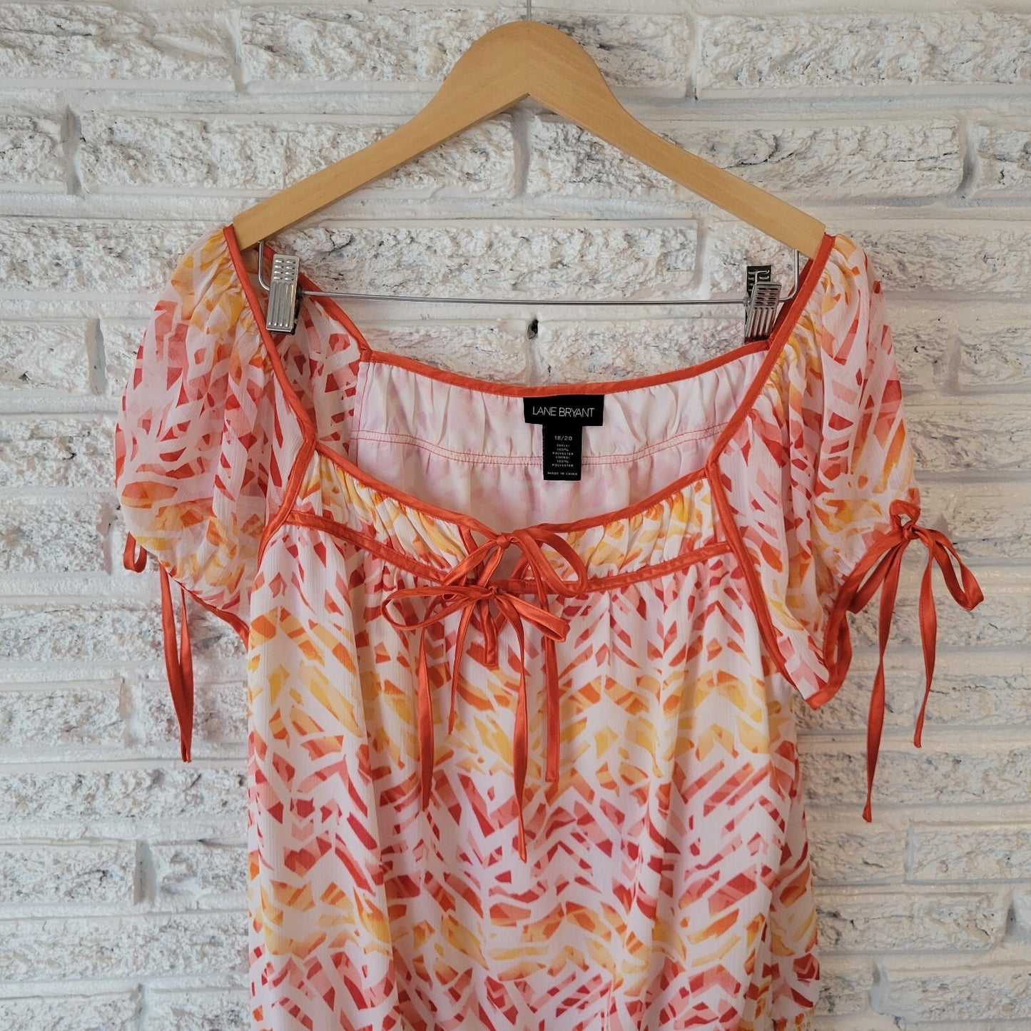 Lane Bryant Womens Top 18 20 Tied Sleeve Orange Watercolor Keyhole Sheer Lined