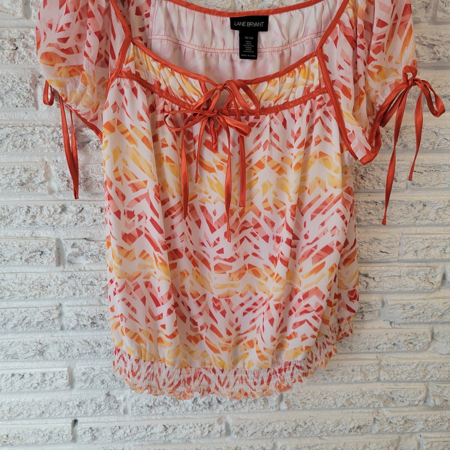 Lane Bryant Womens Top 18 20 Tied Sleeve Orange Watercolor Keyhole Sheer Lined