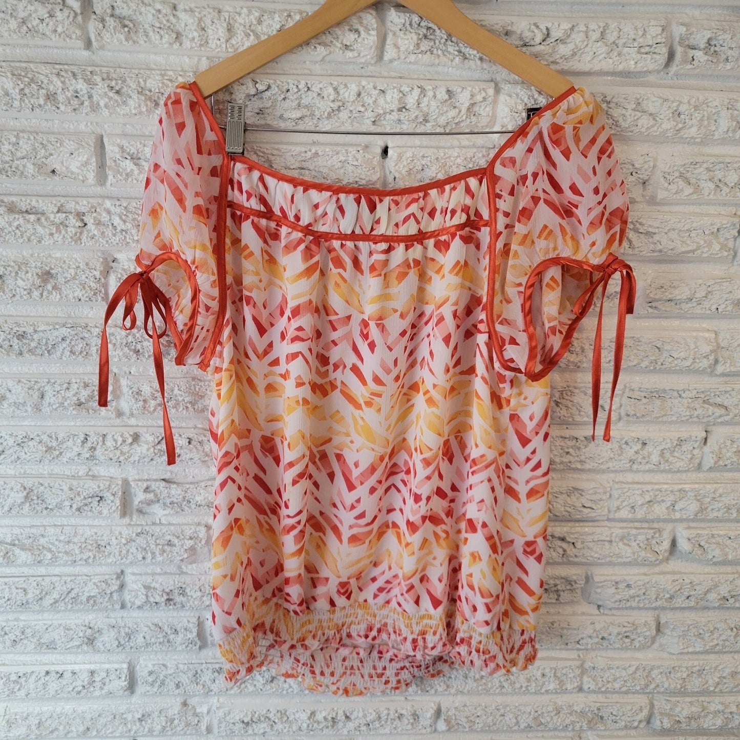 Lane Bryant Womens Top 18 20 Tied Sleeve Orange Watercolor Keyhole Sheer Lined