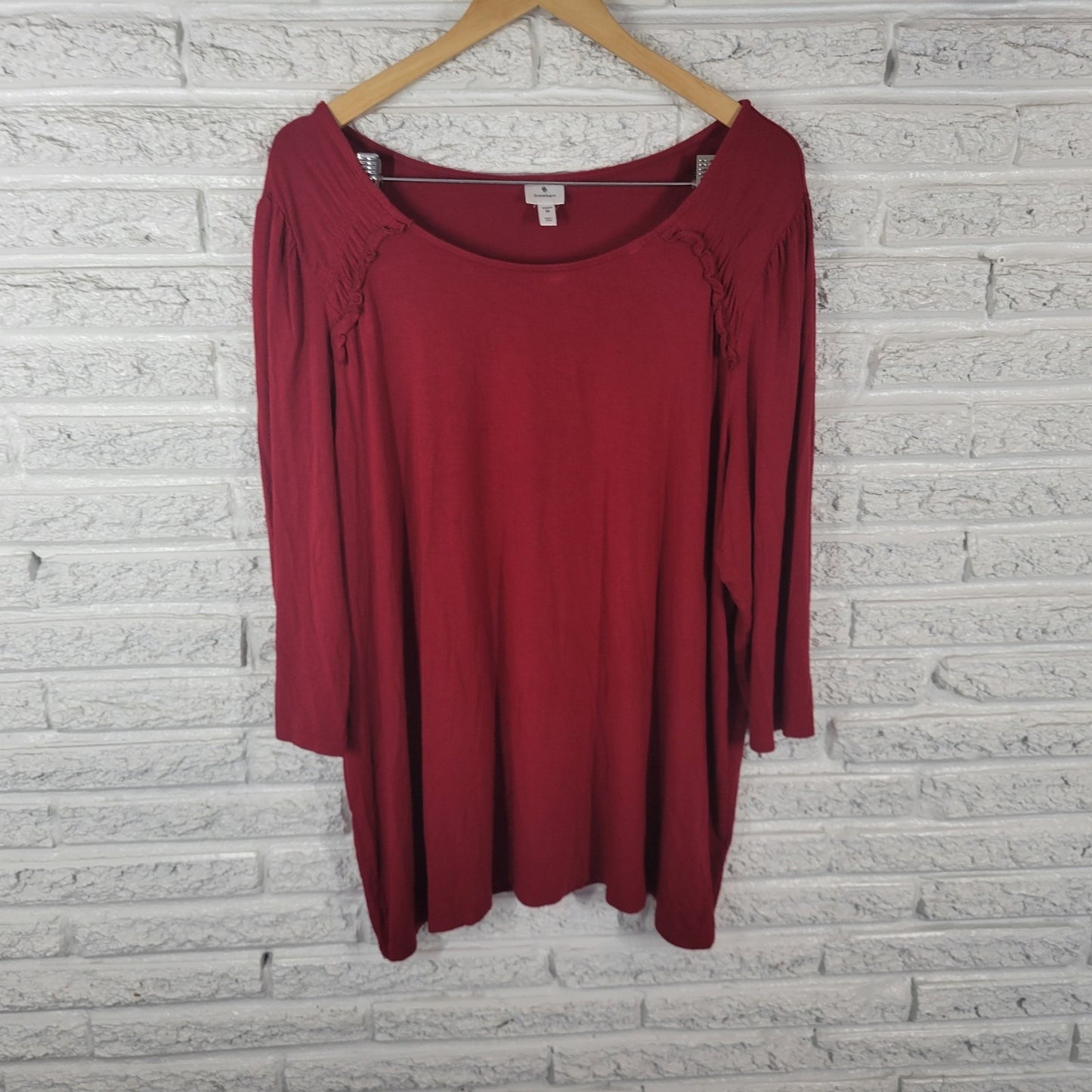 Dress Barn Womens Top 3X Plus 3/4 Sleeve Red Ruffle Rayon Blend Comfy Casual