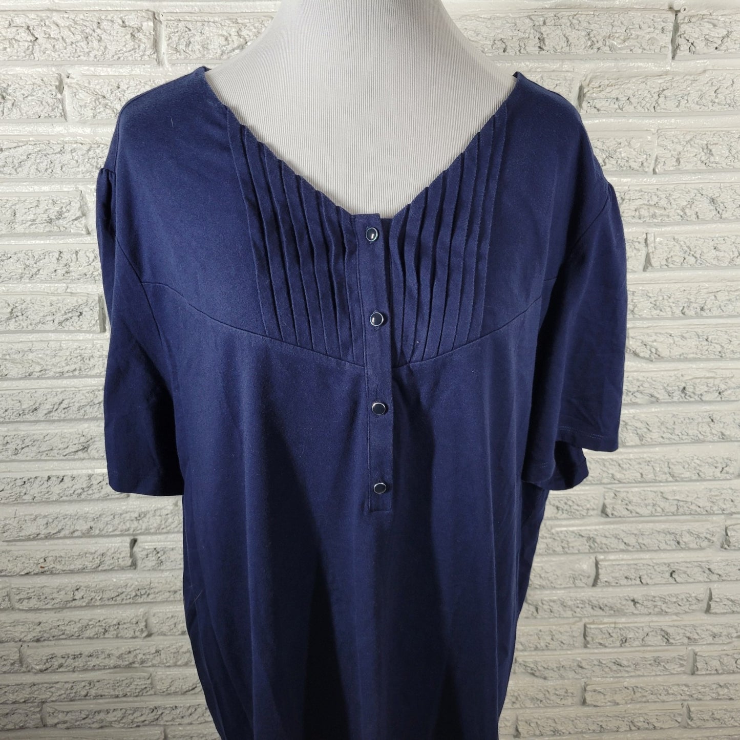 Liz Me Womens Top 2X Tunic Plus Short Sleeve Blue Buttons Cotton Blend Pintucked