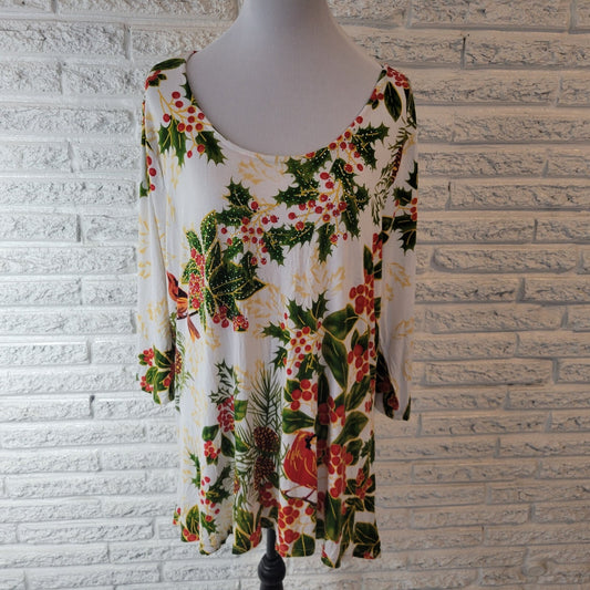 Christmas Life Style Womens Top 1X Tunic 3/4 Sleeve Green Red Berries Rhinestone