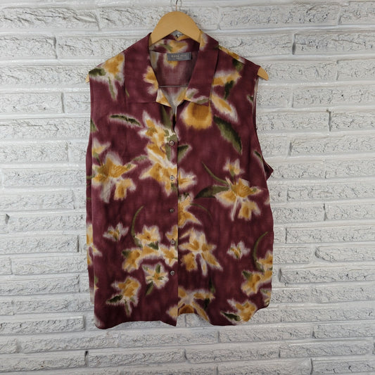 Kate Hill Womens Top 2X Plus Sleeveless Silk Linen Purple Watercolor Collar