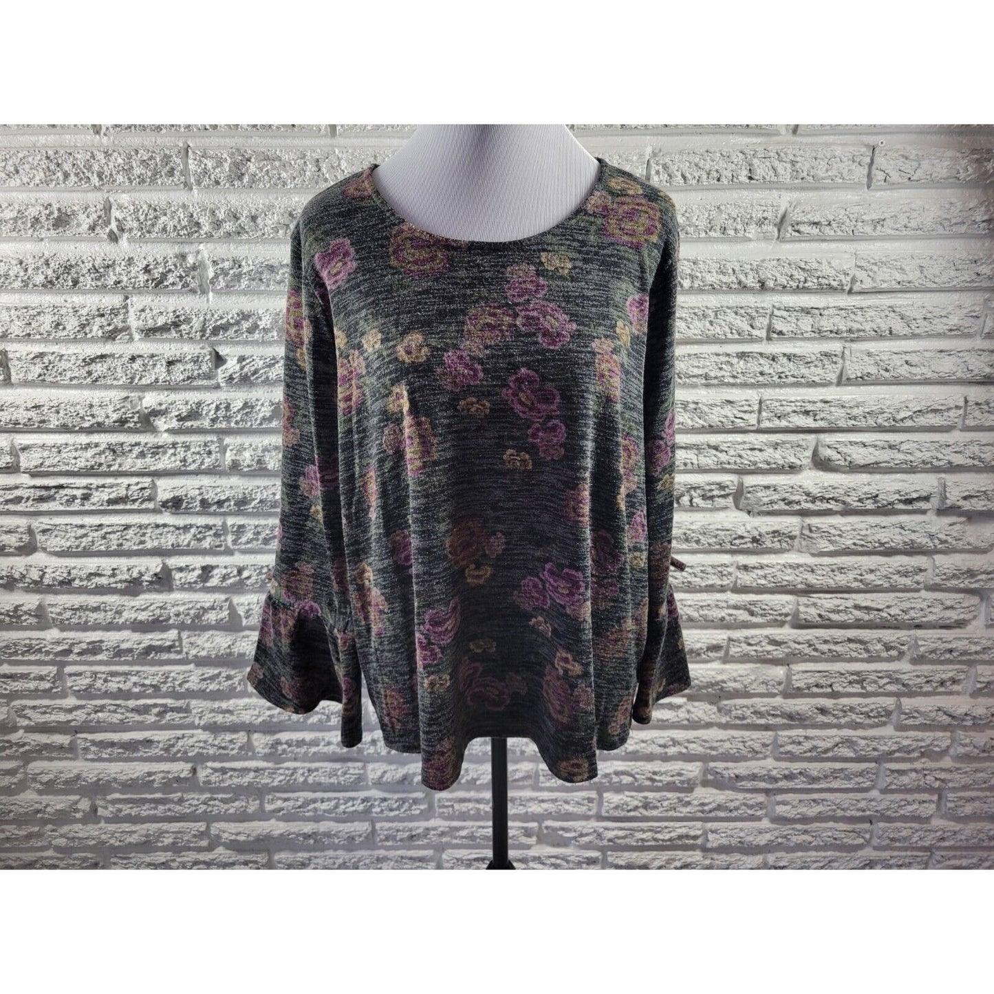 Style & Co Womens Top 2X Plus Knit Bell Tied Sleeves Purple Floral Poly Blend