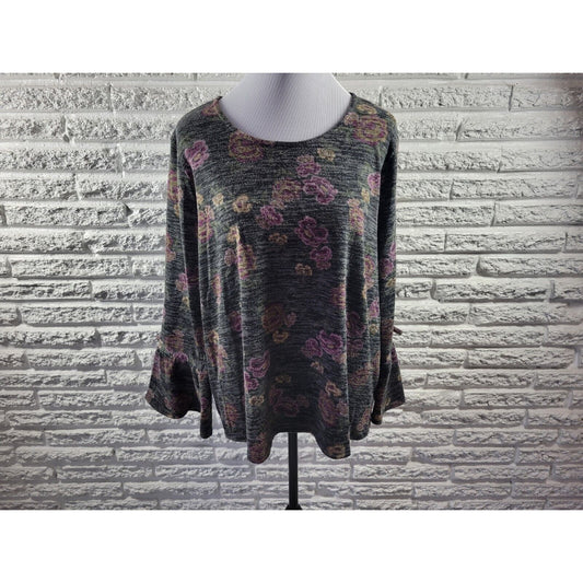 Style & Co Womens Top 2X Plus Knit Bell Tied Sleeves Purple Floral Poly Blend