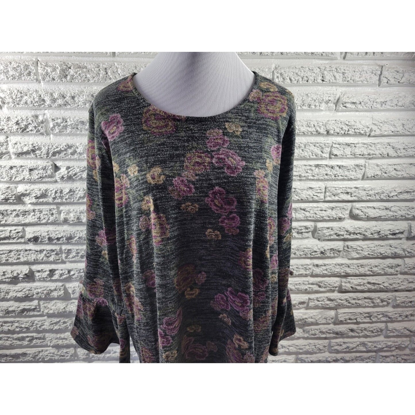 Style & Co Womens Top 2X Plus Knit Bell Tied Sleeves Purple Floral Poly Blend