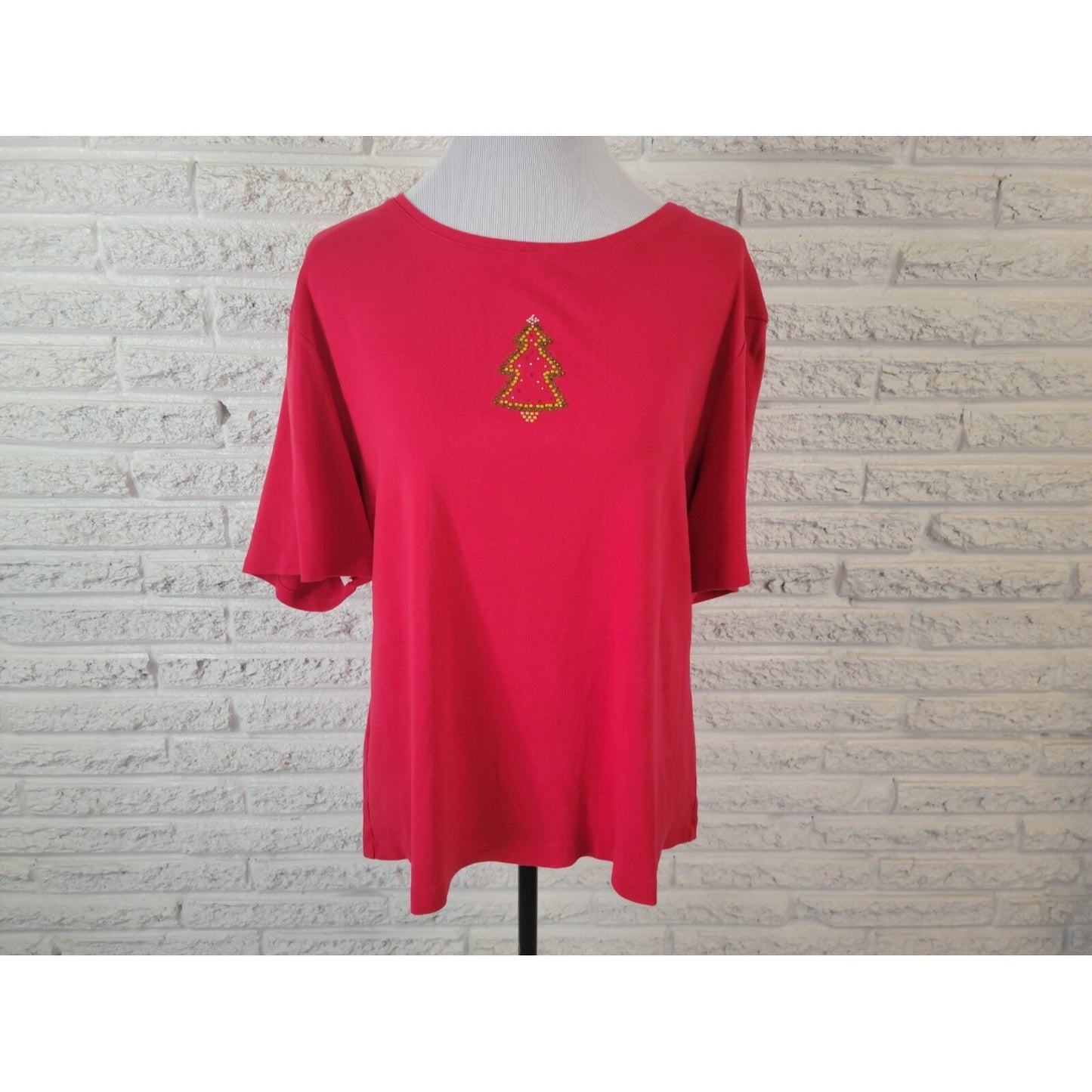 Christmas Bay Studio Women Top 2X Plus Short Sleeve Tree Cotton Rhinestone Red