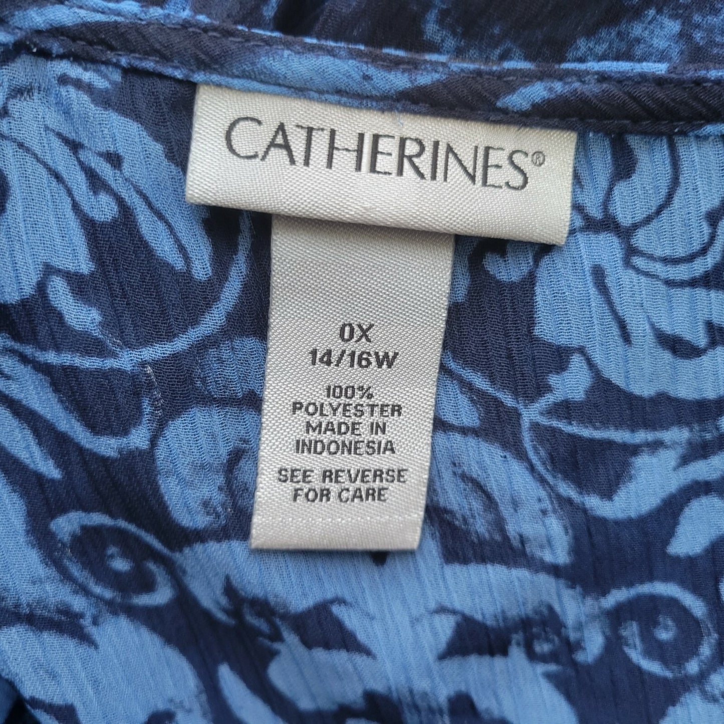 Catherines Womens Top 0X Plus Long Sleeve Blue Floral Sheer Crinkle Crepe Career
