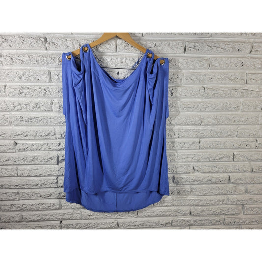 Cable Gauge Womens Top 1X Plus Sleeveless Cold Shoulder Grommets Blue Stretchy