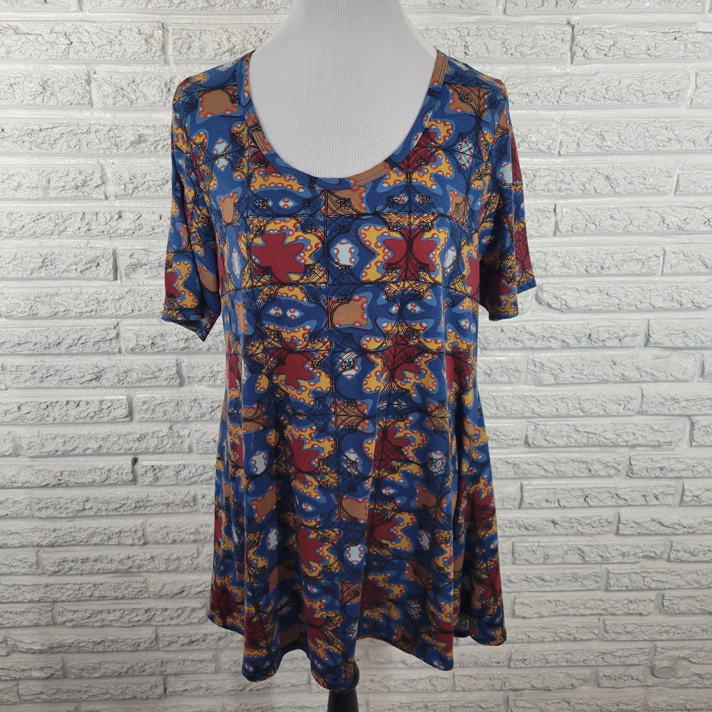 Lularoe Womens Top Extra Large XL Tunic Blue Brown Geometric Poly Blend Casual