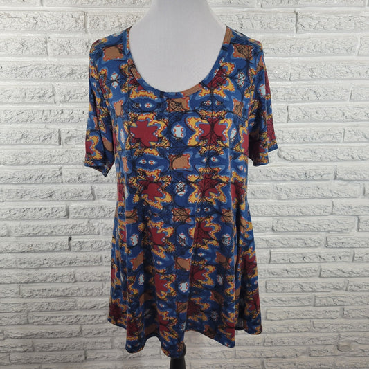 Lularoe Womens Top Extra Large XL Tunic Blue Brown Geometric Poly Blend Casual