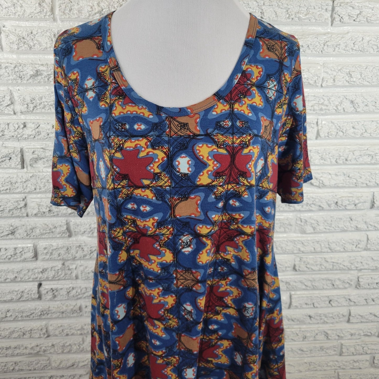 Lularoe Womens Top Extra Large XL Tunic Blue Brown Geometric Poly Blend Casual