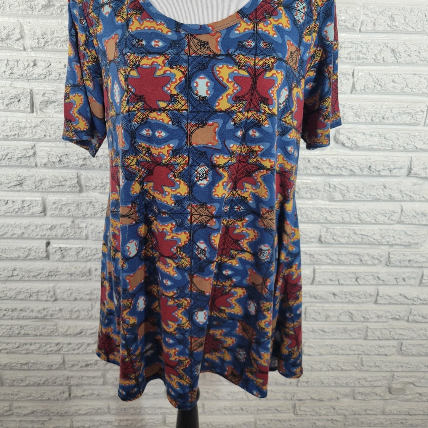 Lularoe Womens Top Extra Large XL Tunic Blue Brown Geometric Poly Blend Casual