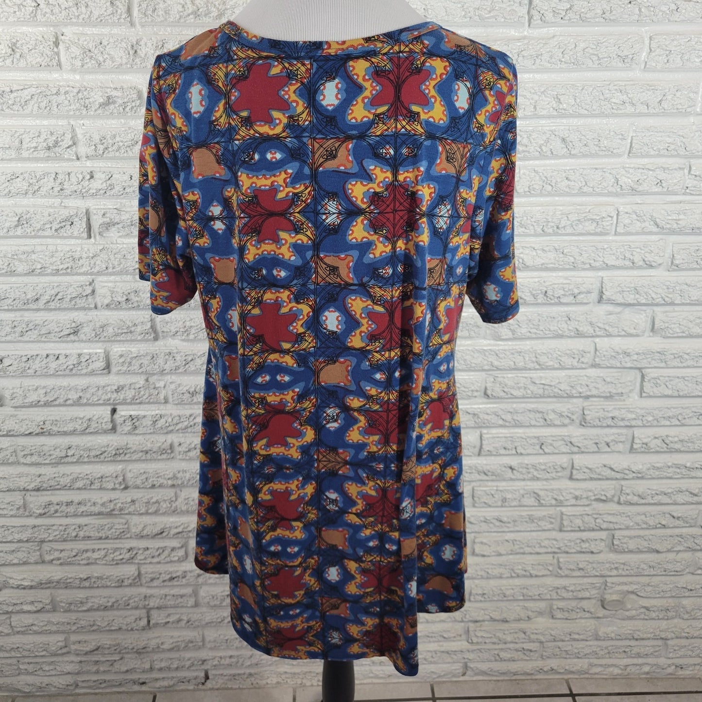 Lularoe Womens Top Extra Large XL Tunic Blue Brown Geometric Poly Blend Casual