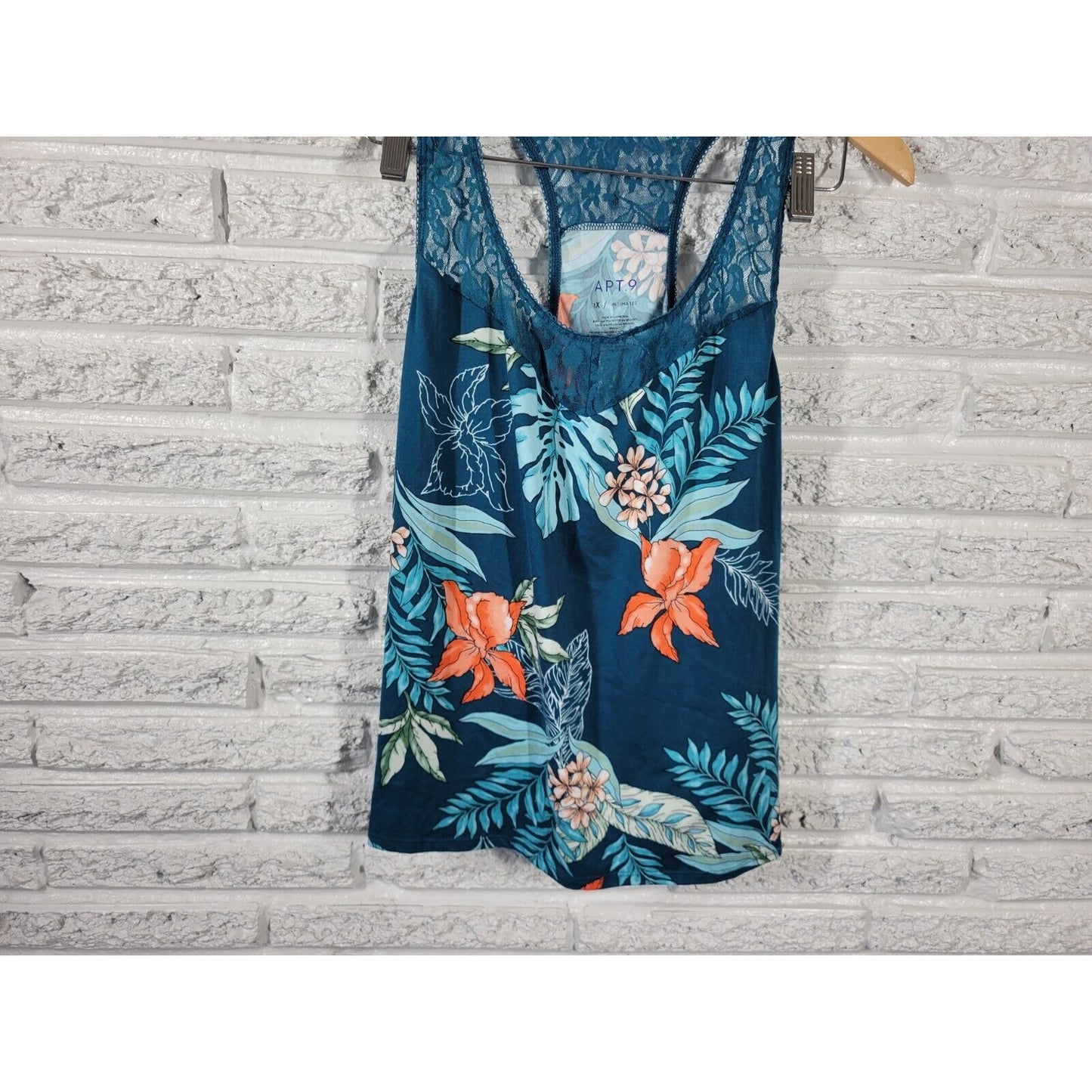 Apt 9 Women Top 1X Pajama Tank Racerback Lace Blue Floral Lightweight Poly Blend