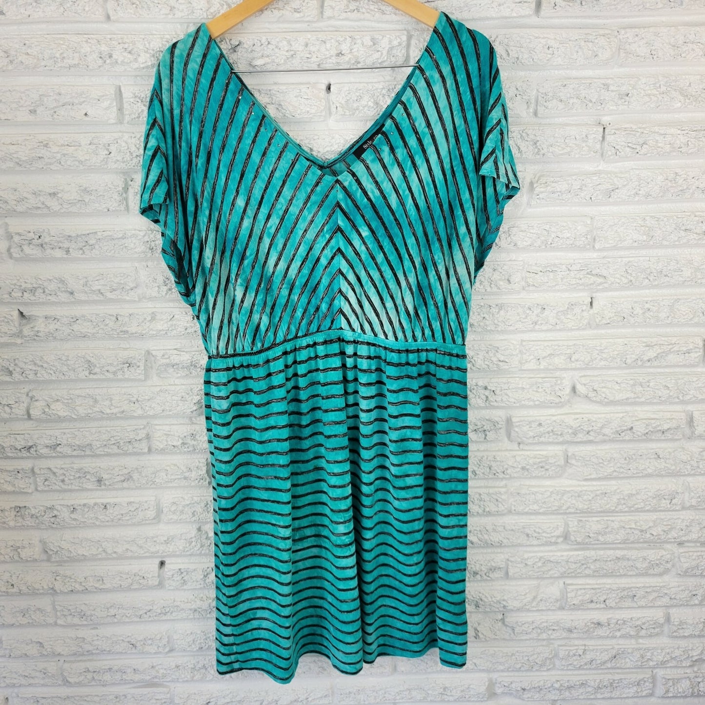 Style & Co Womens Dress 0X Plus Cap Sleeve Knee Length Blue Stripe Rhinestone