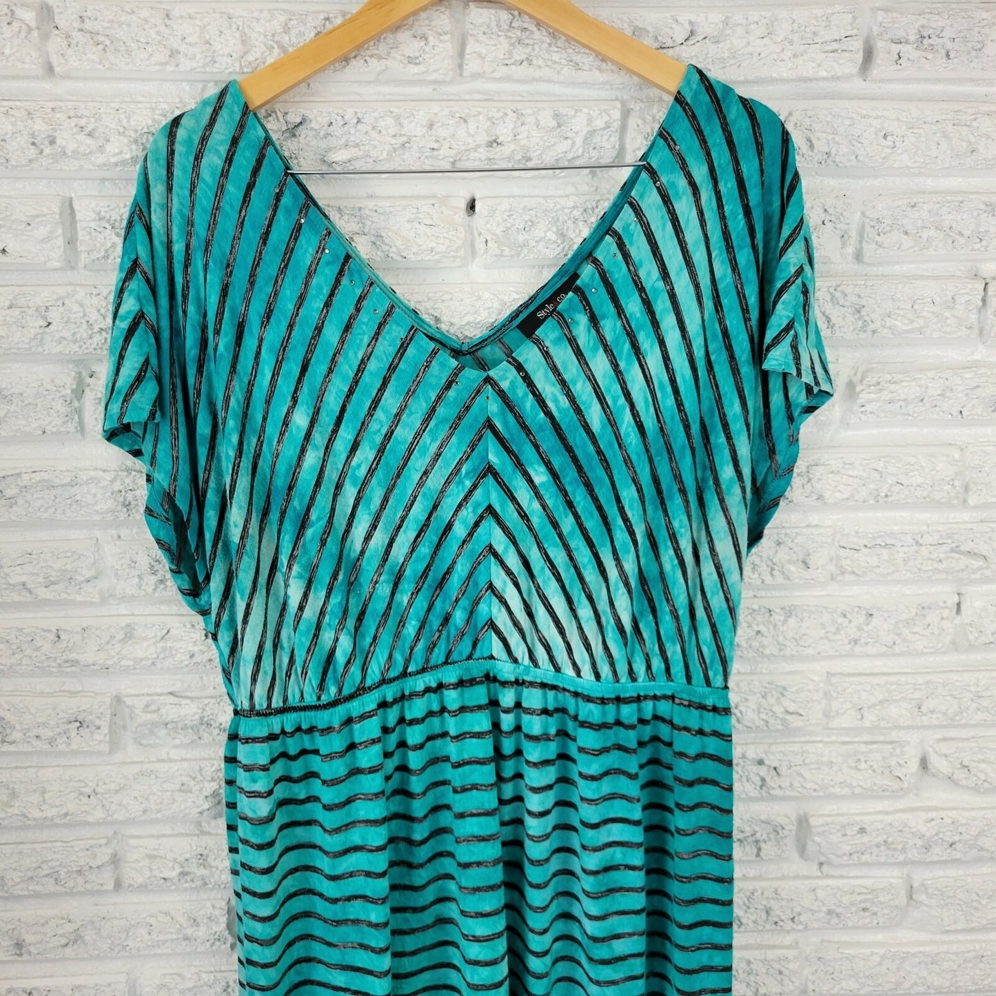 Style & Co Womens Dress 0X Plus Cap Sleeve Knee Length Blue Stripe Rhinestone