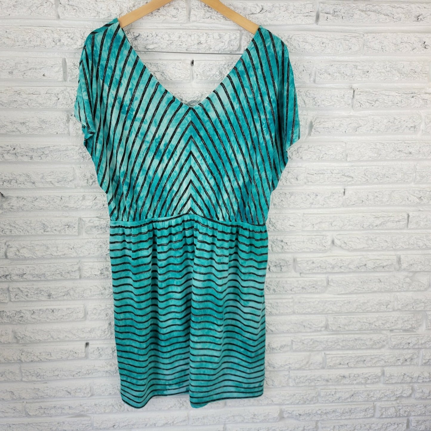 Style & Co Womens Dress 0X Plus Cap Sleeve Knee Length Blue Stripe Rhinestone