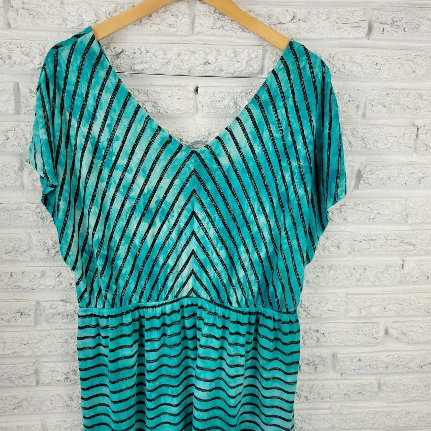 Style & Co Womens Dress 0X Plus Cap Sleeve Knee Length Blue Stripe Rhinestone