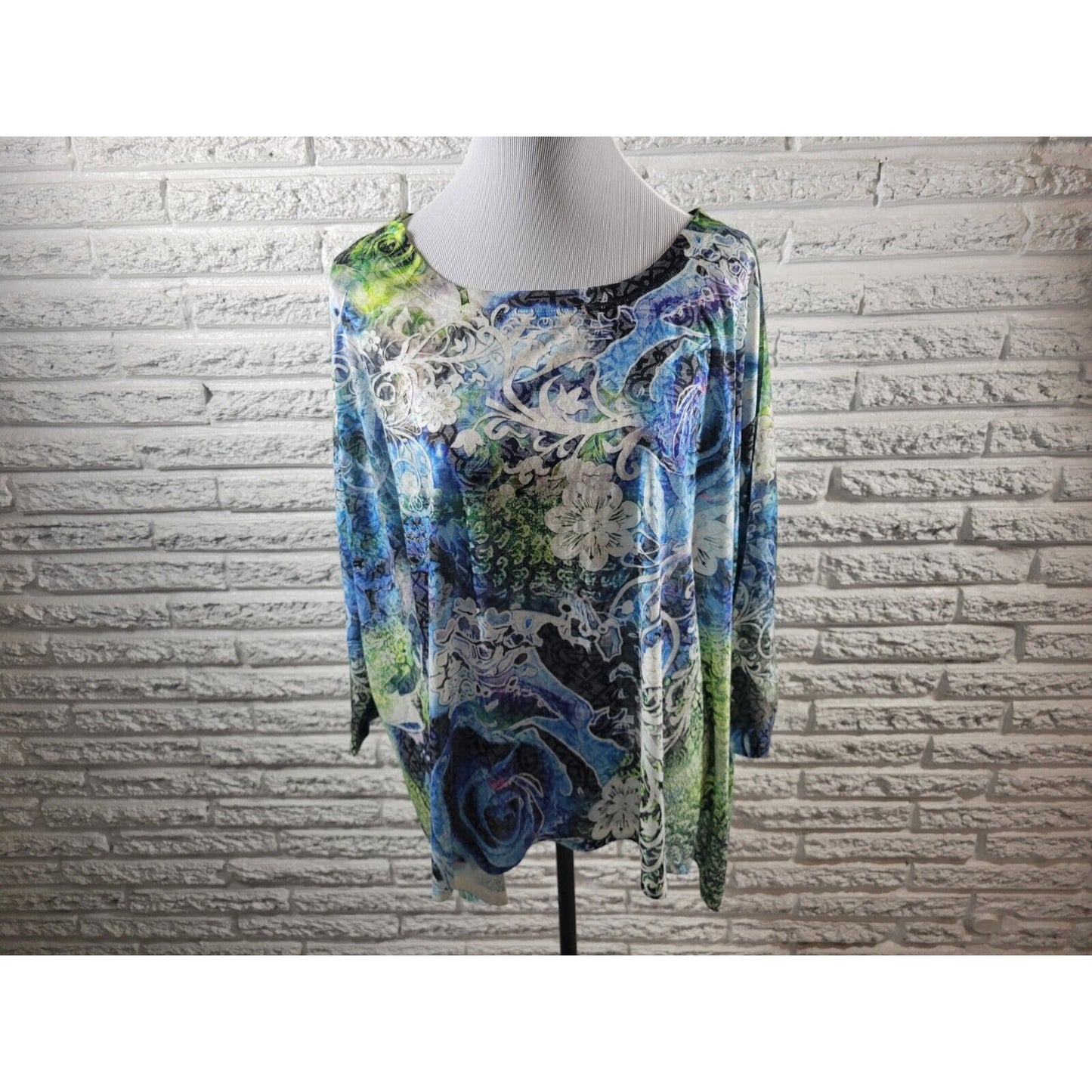Style & Co Womens Top 1X 3/4 Sleeve Blue Floral Lightweight Poly Blend Casual