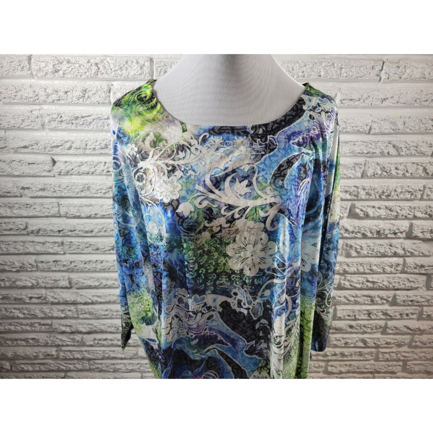 Style & Co Womens Top 1X 3/4 Sleeve Blue Floral Lightweight Poly Blend Casual