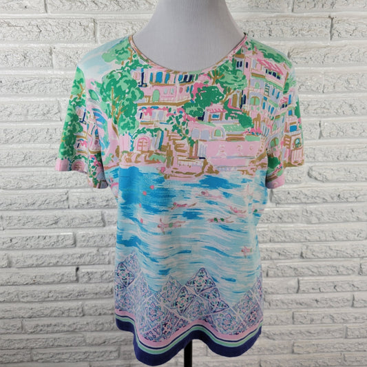 Talbots Womens Top XL Tee Short Sleeve Pink Blue Townscape Swimmers Cotton Blend