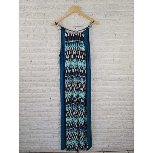 New York & Company Blue Geometric Halter Dress XL Sleeveless Keyhole Casual