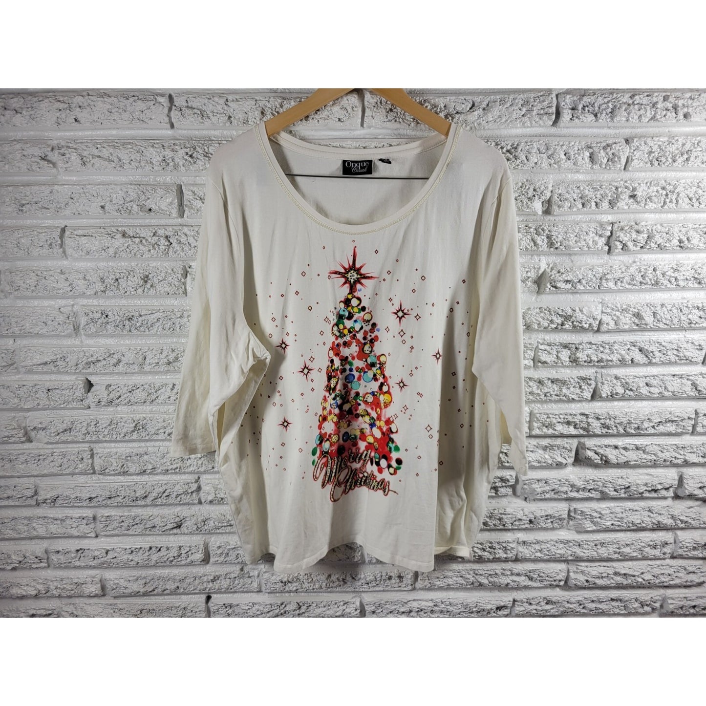 Christmas Onque Casuals Womens Top 2X Plus Tee 3/4 Sleeve Rhinestones Tree White