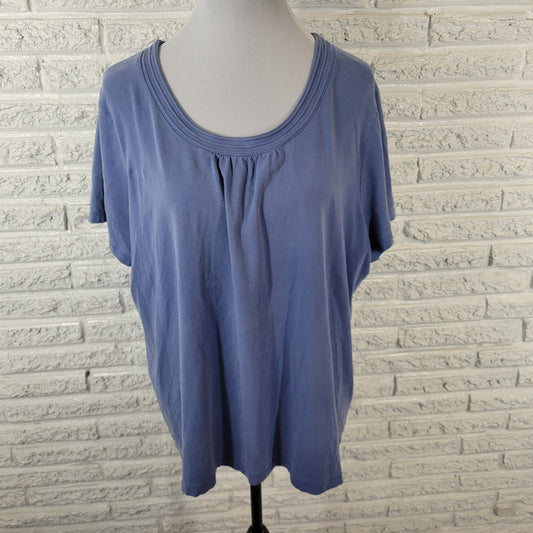 Croft Barrow Womens Top 2X Plus Short Sleeve Pleated Blue Cotton Blend Comfy