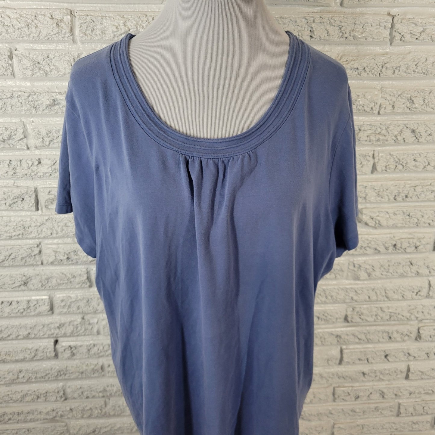 Croft Barrow Womens Top 2X Plus Short Sleeve Pleated Blue Cotton Blend Comfy