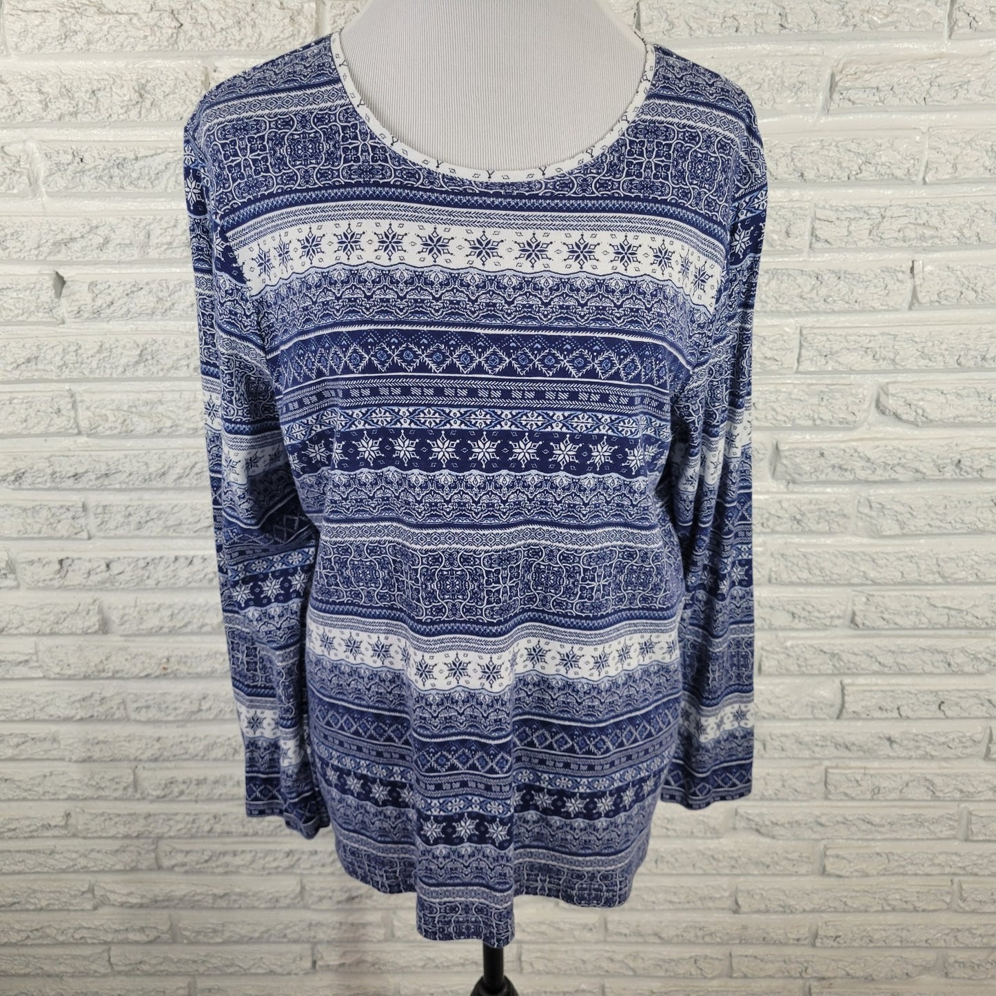 Croft Barrow Womens Top XXL Tee Classic Long Sleeve Blue Geometric Cotton Comfy