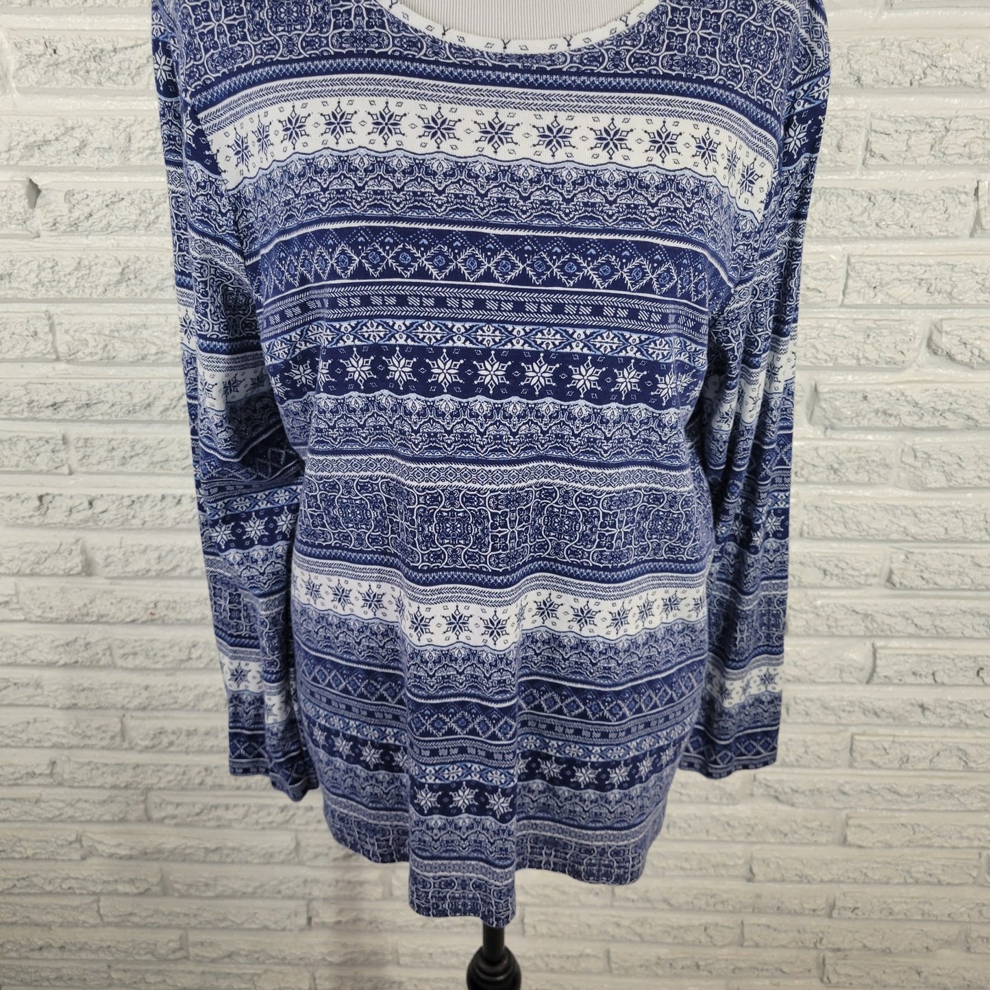 Croft Barrow Womens Top XXL Tee Classic Long Sleeve Blue Geometric Cotton Comfy