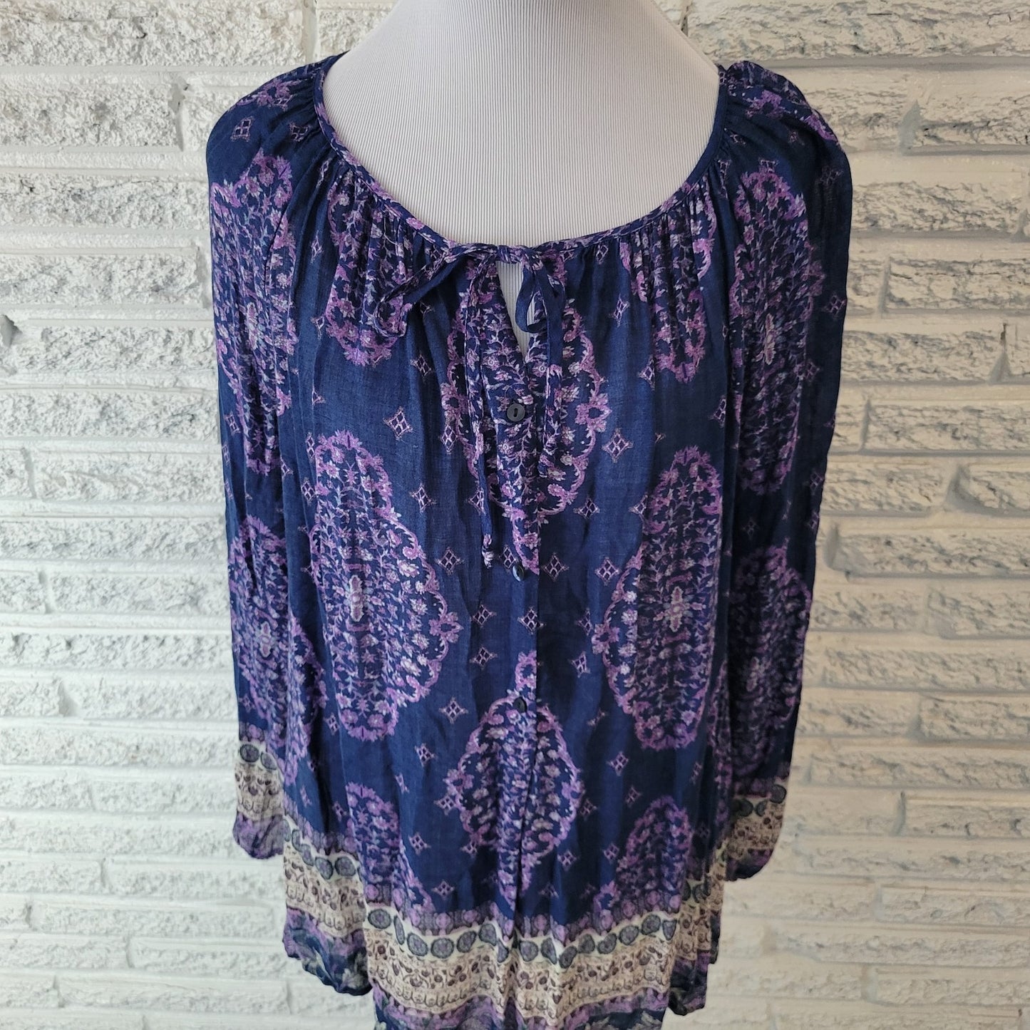 Lucky Brand Women's 1X Plus Size Blue Purple Geometric Sheer Viscose Top Blouse